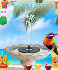 Cyan Flower Solar Fountain Upgrade 3.5W With 7 Nozzles And 4 Fixed Pipes for Bird Bath in tropical setting with parrot