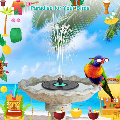 Cyan Flower Solar Fountain Upgrade 3.5W With 7 Nozzles And 4 Fixed Pipes for Bird Bath in tropical setting with parrot