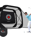 Golfer using Pop Up Golf Practice Net 7x7x4ft Hitting Cage With Target, Portable Backyard Training For Driving And Chipping
