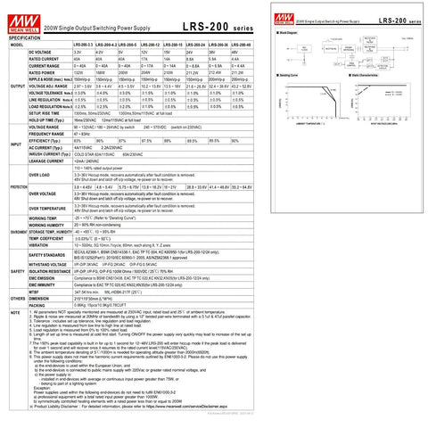 Specifications sheet for Built Like A Tank Heavy Duty Industrial Switching Power Supply 5V 40A 200W showing detailed features and data.