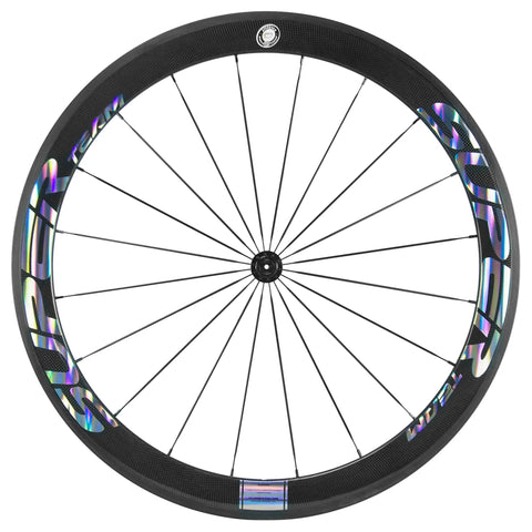Front view of 50mm Carbon Clincher Wheelset for 700c road bikes with silver decal, showcasing aero performance