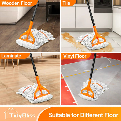 Heavy Duty Commercial Floor Mop With 55 Inch Handle And Three Interchangeable Heads Ultra Absorbent Cotton Loop on wooden, tile, laminate, vinyl floors.