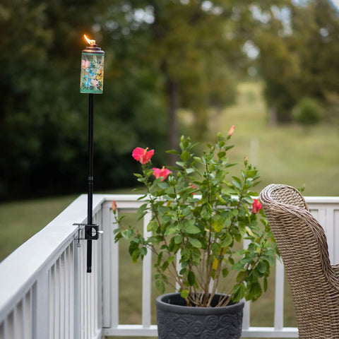Deck Torch Mounting Bracket Kit With Four Adjustable Clamps For Rails Or Balusters, Fits Torch Poles 0.75 To 1.25 Inches, installed on a balcony