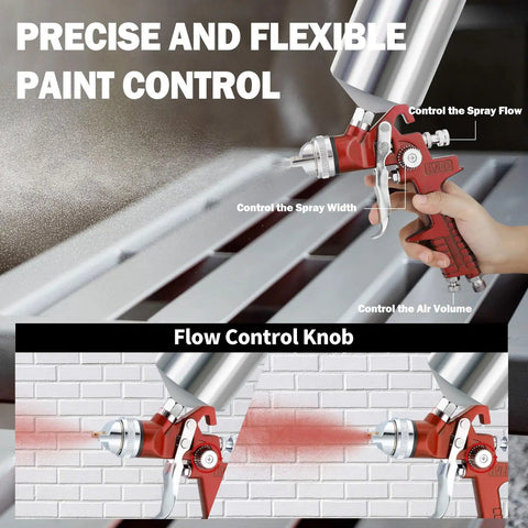 Built Tough HVLP Gravity Feed Spray Paint Gun With Swap Out Nozzle Pack And Easy Turn Air Regulator showing precise paint control features.