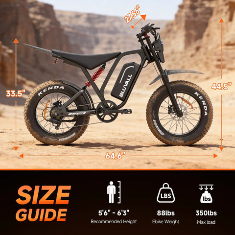 Rugged 3000W Peak Electric Dirt Bike For Adults And Teens Up To 35 MPH in desert showing dimensions, black frame with fat tires