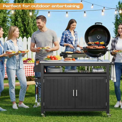 43.3-Inch Outdoor Kitchen Island With Storage Cabinet And Stainless Steel Top All-In-One Solid Wood Prep Station with BBQ grill