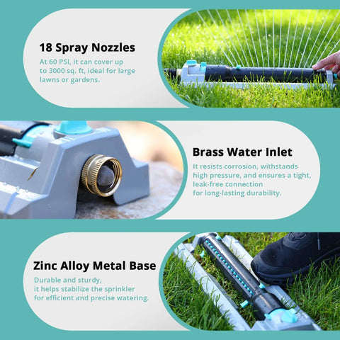 Beefy Heavy Duty Oscillating Sprinkler with 18 Hole Nozzle Zinc Alloy Base Adjustable Flow Control and Spray Width on Lawn