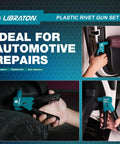 Heavy Duty Steel Plastic Rivet Gun Kit With Ergonomic Anti Slip Handle And Flush Cutter For Nylon Fasteners Auto Trim Do It Yourself Home Repairs One Hand Operation Runs Like Butter No Sweat Easy Pull Design Lightweight At Just Zero Point Eight Pounds in use for automotive repairs.