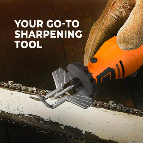 Electric Chainsaw Sharpener Kit With Angle Guide And 4 File Size Wheel Bits For Fast Easy No Sweat Chain Maintenance in use