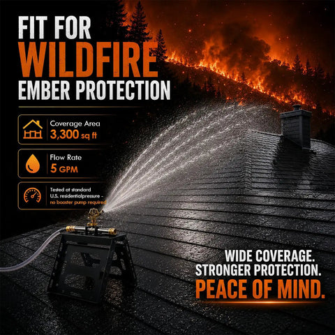 Ultra Tough Rooftop Sprinkler Goes Hard on Wildfire Defense delivering coverage over a dark roof with mist and flames in background.