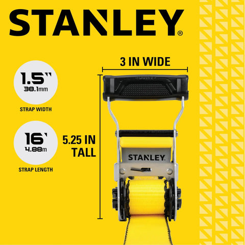 Heavy Duty Ratchet Tie Down Straps 1.5 Inch By 16 Foot 5000 Lb Load Rating 2 Pack shown with dimensions on yellow background.