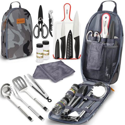 12 Piece Camp Kitchen Cooking Utensil Set With Travel Organizer Portable Grill Tools For Backpacking Camping And Hiking Water Resistant Case Compact Gear For BBQ Outdoor Cookware Kit Gray shown with open and closed organizer case.