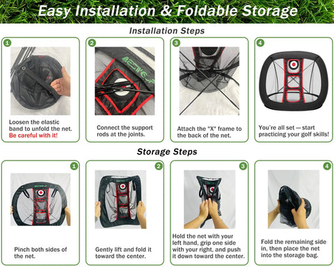 Installation and folding instructions for Golf Chipping Net Set With Mat And 12 Practice Balls For Backyard And Indoor Practice Portable All In One Golf Training Kit For Beginners And Casual Golfers.
