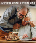 Elderly couple assembling a 3D Wooden Puzzle Car Kit For Adults And Teens One To Fifteen Scale Vintage 1910s Classic Car Model