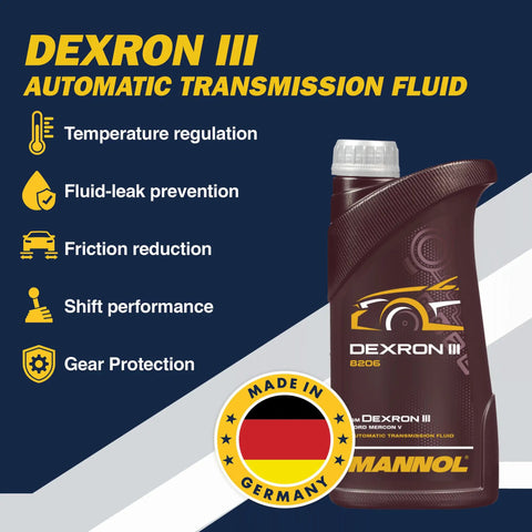 All In One ATF Transmission Fluid For Automatic Transmissions Power Steering Torque Converters And Hydraulic Drives Dexron III, II E, Ford Mercon Compatible Keeps Your Ride Shifting Smooth In High Mileage Cars Reduces Slipping And Rough Shifts 1 Liter bottle with features and German flag