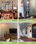 Dining room, kitchen, living room, and porch illuminated by vintage dimmable Edison style LED bulbs 60W equivalent amber glow
