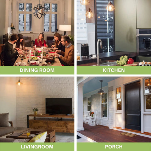 Dining room, kitchen, living room, and porch illuminated by vintage dimmable Edison style LED bulbs 60W equivalent amber glow