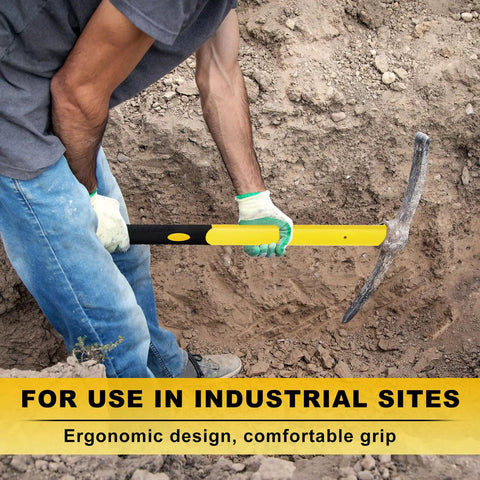 Man using 36 Inch Heavy Duty Fiberglass Pickaxe Handle Replacement With Soft Grip For Gardening, Landscaping, Yard And Outdoor Work