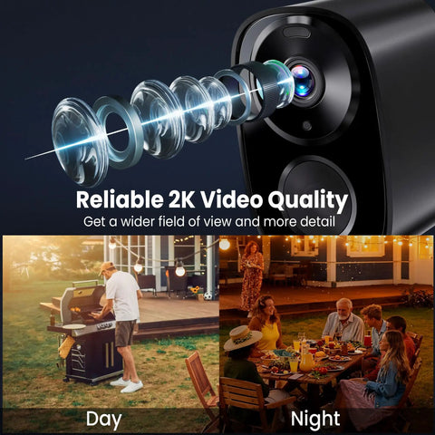 2K UHD Wireless Outdoor Security Camera with Free Cloud and SD Storage, showcasing day and night color vision, close-up lens display.