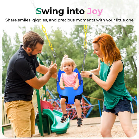 Toddler Swing Seat With Coated Chains And High Back Full Bucket Chair held by parents in an outdoor setting. Blue seat with yellow chains.