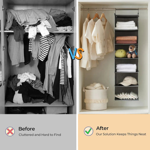 Heavy Duty Six Tier Hanging Closet Organizer With Two Rock Solid Hooks And Wide Grey Fabric Shelves Making It A Reliable Room Saver For Tight Bedroom And Dorm Storage