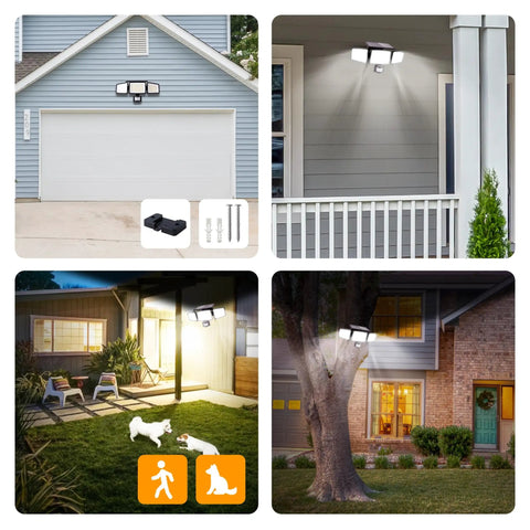 Badass Solar Security Flood Lights, 3 Head Motion Sensor Spots, Rock Solid IP65 Waterproof Bulbs With Wide Angle Detection For Patio And Yard, Killer Brightness In 2 Pack Set