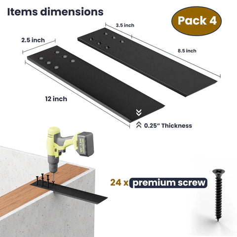 Pack of 4 Built Like A Tank Heavy Duty 12 Inch Countertop Support Brackets dimensions with screws for easy installation.