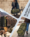 Expandable To 140L Duffle Bag With 2 Beefy Wheels shown in various carrying modes and outdoor settings.