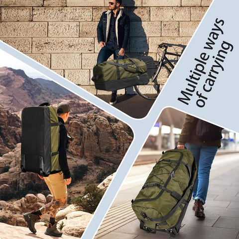 Expandable To 140L Duffle Bag With 2 Beefy Wheels shown in various carrying modes and outdoor settings.