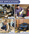 Collage of images showing welding, assembly, repair, and tools placement for workshop tasks.