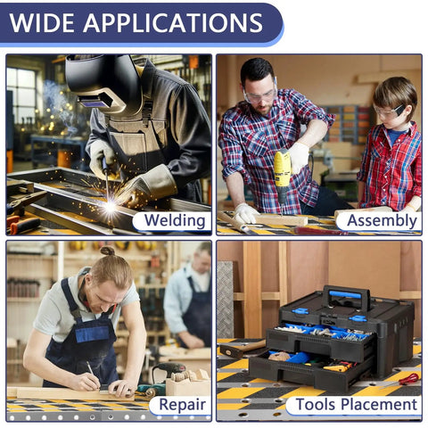 Collage of images showing welding, assembly, repair, and tools placement for workshop tasks.