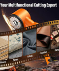 Cordless Electric Scissors With 3 Tungsten Steel Blades cutting cardboard, carpet, fabric, leather, and paper samples