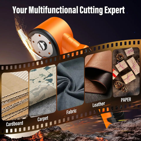 Cordless Electric Scissors With 3 Tungsten Steel Blades cutting cardboard, carpet, fabric, leather, and paper samples