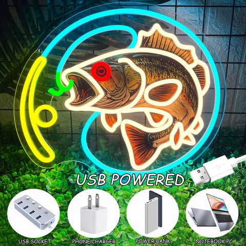 Dimmable Fishing Neon Sign LED Hook Lights For Wall Decor And Man Cave Vibe Fishing Themed Neon Light For Fishing Lovers Gear Store Coastal Kitchen Bedroom Yacht Party Decor with USB power options