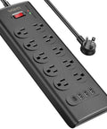 Black power strip with 20W USB C PD fast charge, 10 AC outlets and 4 USB ports, 6ft heavy duty extension cord, flat plug, wall mount.
