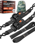 Retractable Ratchet Tie Down Straps Offer Extra Wide Two Inch Webbing With Quick Handle Rewind For Zero Slack Feel crafted in a black two pack set.