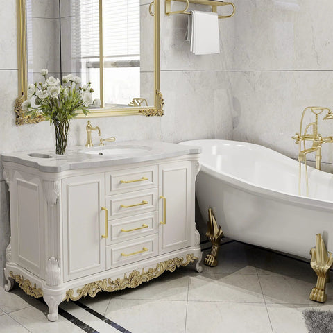 Elegant bathroom with white vanity featuring gold 5 inch square cabinet handles, zinc alloy construction, next to clawfoot bathtub