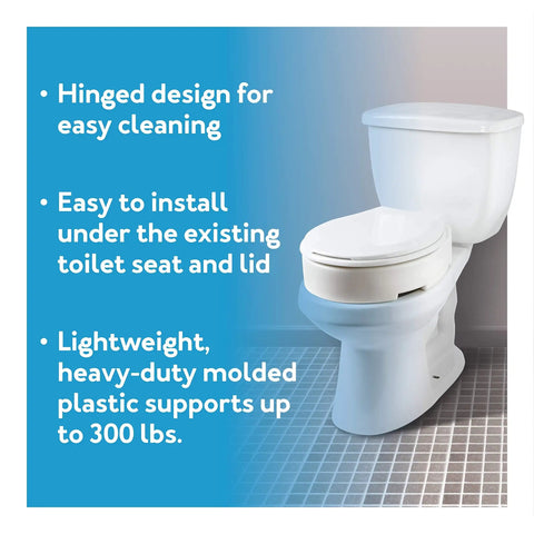 Hinged Round Raised Toilet Seat Riser With 3.5 Inch Lift, 300 Lb Capacity installed on standard toilet