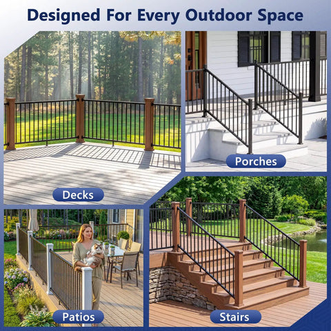 Top Shelf Aluminum Stair Railing Kit For Outdoor Decks And Porches. Modular handrail with black and wood design for patios and stairs.
