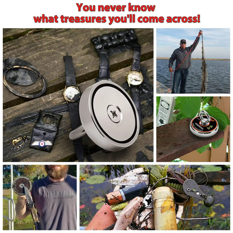 1000 Lb Pulling Force Magnet Fishing Kit with Rope for River Treasure Hunting showcases retrieved metal items and 3.54 inch magnet.