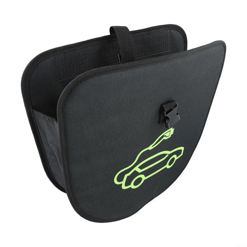 Heavy Duty Electric Vehicle Charging Cable Organizer Bag With Secure Seat Back Straps in black with car graphic and clip.