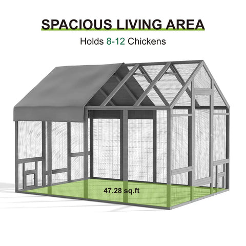 Sturdy Wooden Chicken Coop With Large Run And Covered Outdoor Space For Backyard Flock, 47.28 sq ft, Fir Wood, Galvanized Mesh