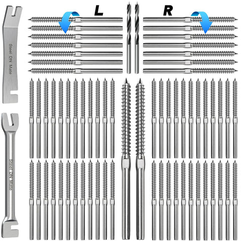 100 Pack T316 Stainless Steel Right And Left Handed Swage Lag Screws For Wood Posts One Eighth Inch Cable Railing Kit Hardware DIY Deck Railings Marine Grade Outdoor Railing Kit With Wrench Included DM50 set with screws and wrenches