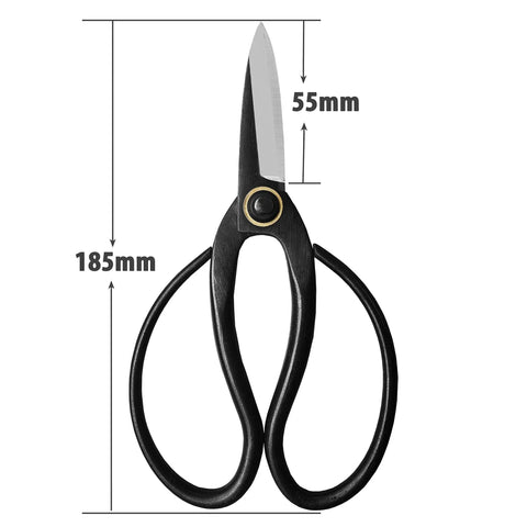 Pro Grade Bonsai Scissors 7.3 Inch For Pruning And Floral Arrangements, high-carbon steel blades, dimensions shown
