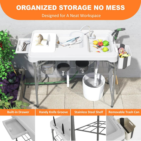 Beefy All Weather Folding Fish Cleaning Table With Dual Sinks, Portable Camping Sink Station with accessories and drawer