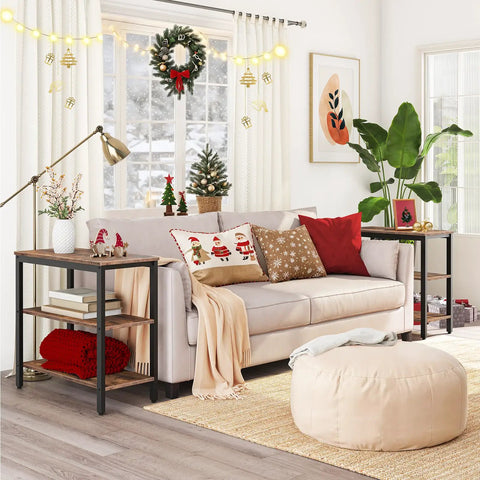 Rustic Brown And Black 3 Tier End Table With Open Storage Shelves in cozy living room setting with holiday decor.