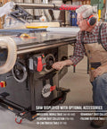 Industrial 10 Inch Cabinet Saw Featuring Beefy 5 Hp Motor Knockout Safety Brake And Rock Solid 52 Inch T Glide Fence Assembly in workshop setting.