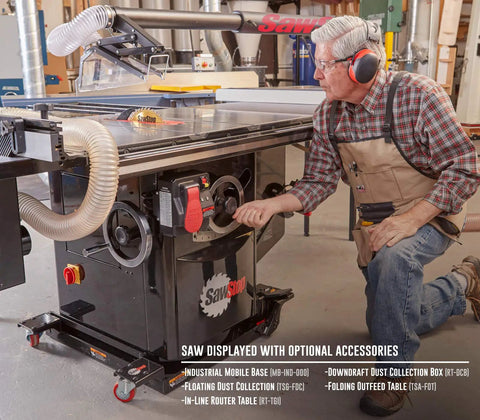 Industrial 10 Inch Cabinet Saw Featuring Beefy 5 Hp Motor Knockout Safety Brake And Rock Solid 52 Inch T Glide Fence Assembly in workshop setting.
