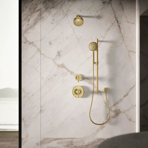 Purist Four Function Handshower With Handheld Sprayhead Three Modes Full Coverage Pulsating Massage Silk Spray 1.75 GPM Vibrant Brushed Moderne Brass Finish mounted on marble wall