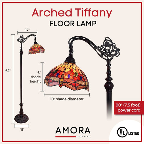 Arched Tiffany Style Floor Lamp With Stained Glass Dragonfly Shade 62 Inch Tall Adjustable Arch Vintage Vibes Red Yellow Green